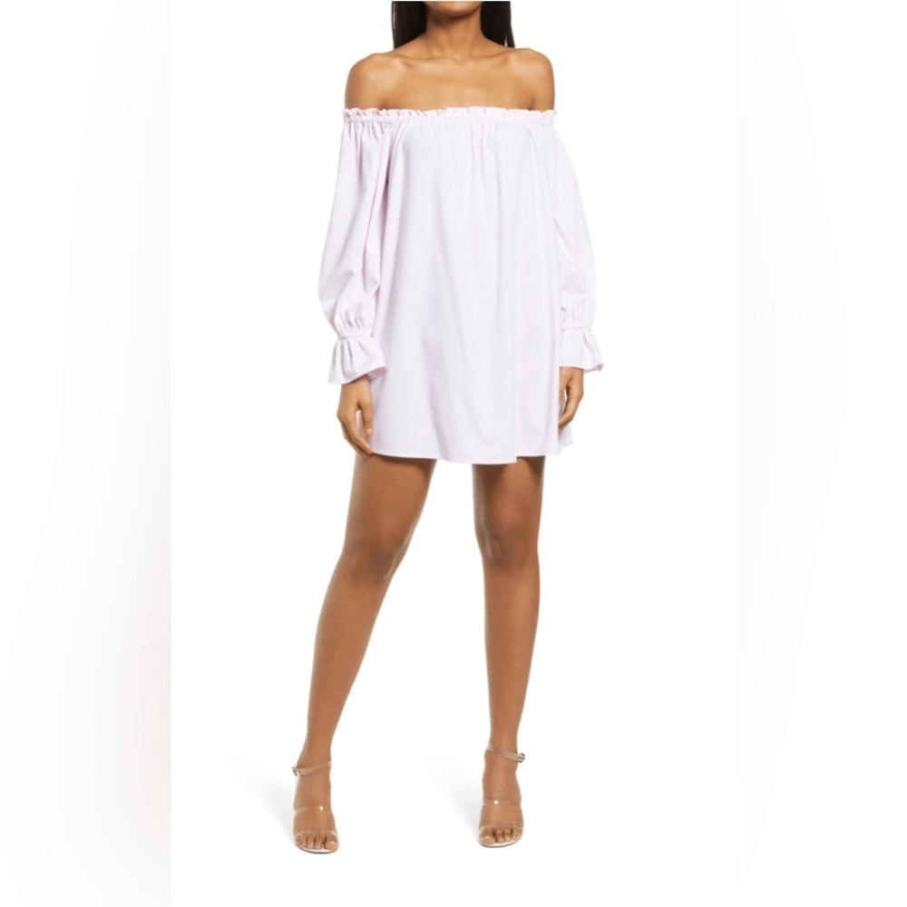 WAYF Freeman Off The Shoulder Mini Dress | Pink Stripe | Size Small NWT.